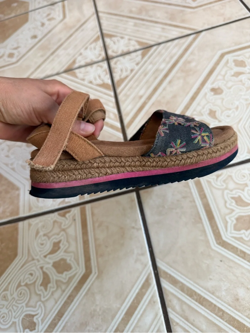 Toms Girls Brown Sandals with Denim Floral Embroidered Straps